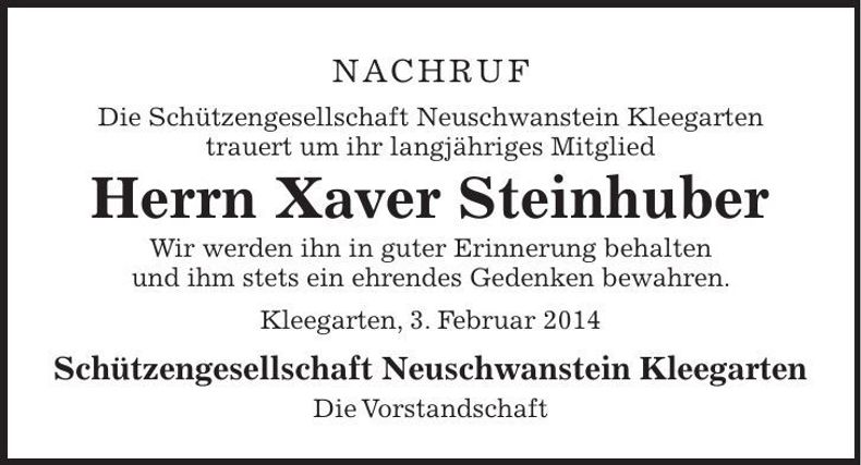 Traueranzeige Xaver Steinhuber