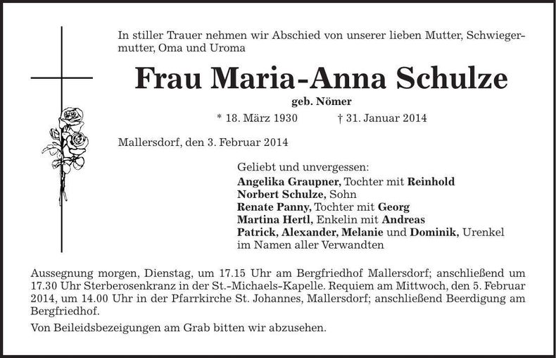 Traueranzeige Maria-Anna Schulze
