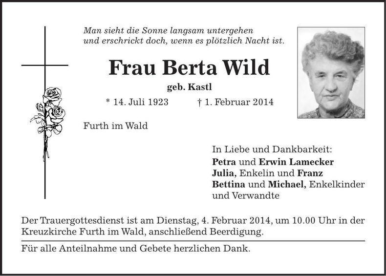 Traueranzeige Berta Wild