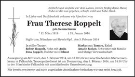 Traueranzeige Therese Roppelt