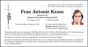 Traueranzeige Antonie Kraus