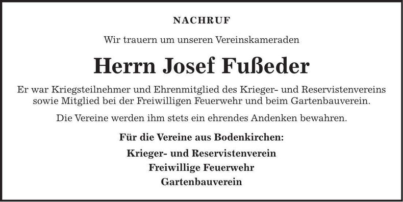 Traueranzeige Josef Fußeder