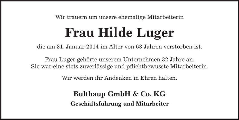 Traueranzeige Hilde Luger
