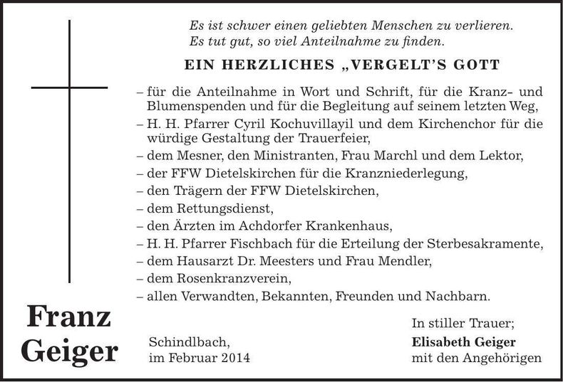 Traueranzeige Franz Geiger