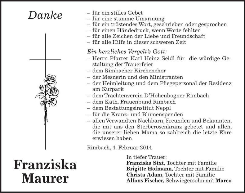 Traueranzeige Franziska Maurer