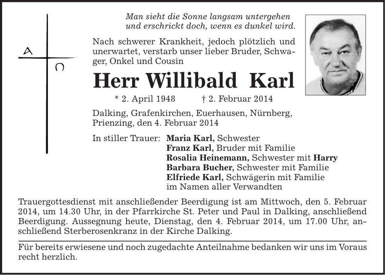 Traueranzeige Willibald Karl