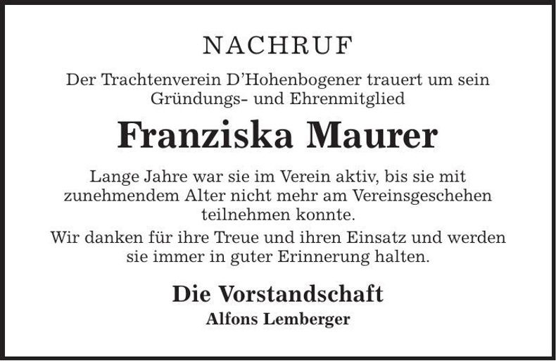 Traueranzeige Franziska Maurer