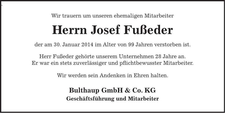 Traueranzeige Josef Fußeder