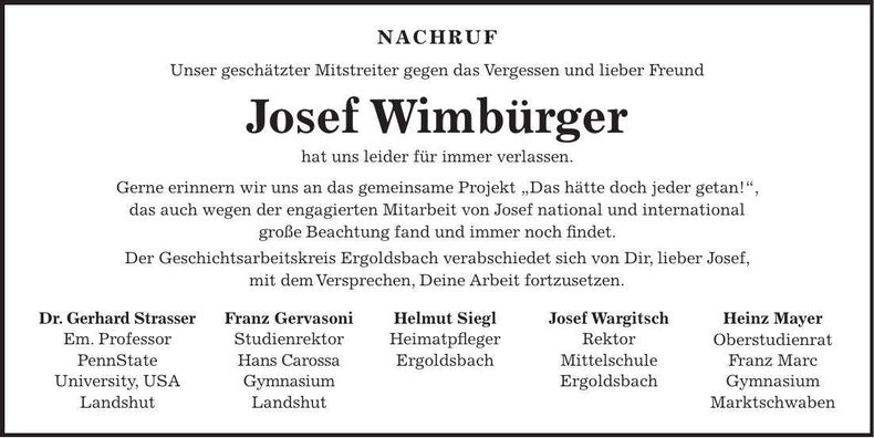 Traueranzeige Josef Wimbürger