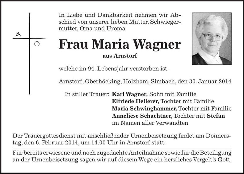 Traueranzeige Maria Wagner