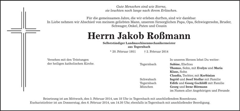 Traueranzeige Jakob Roßmann