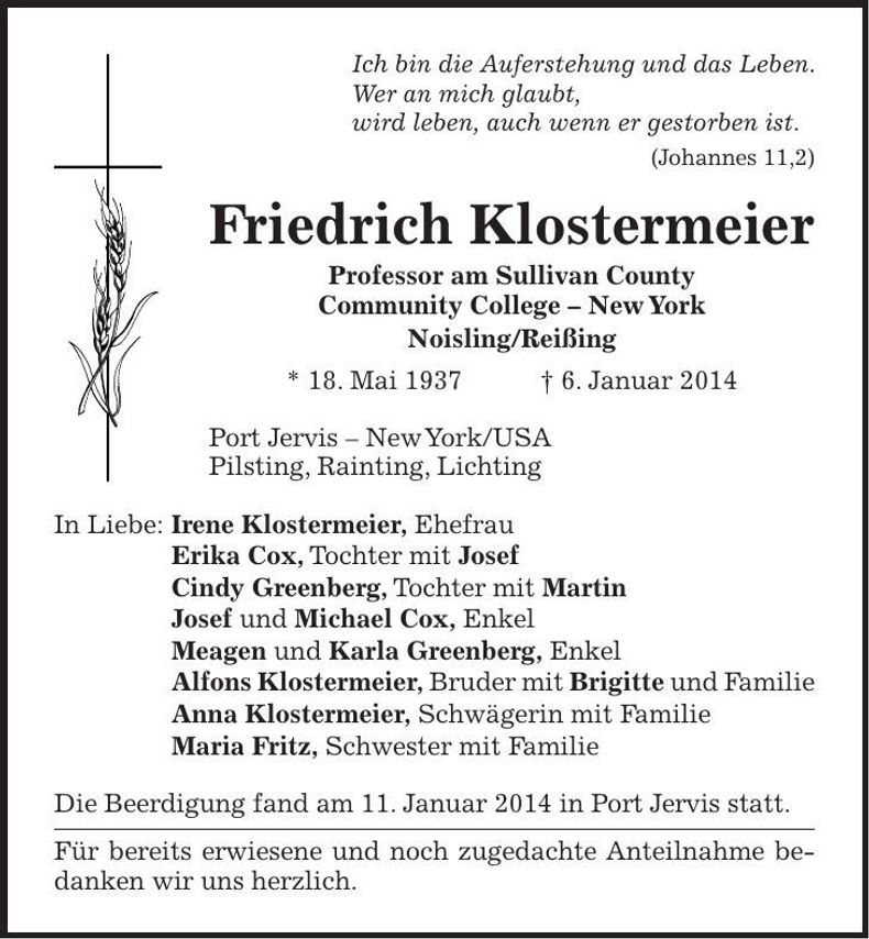 Traueranzeige Friedrich Klostermeier