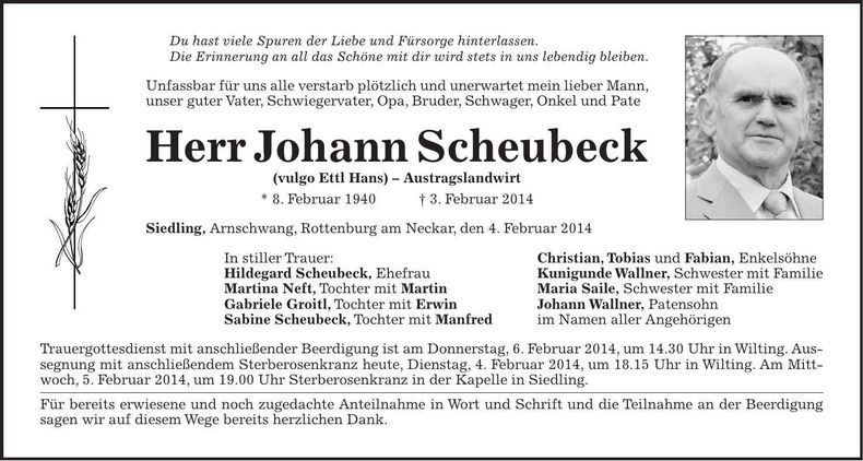 Traueranzeige Johann Scheubeck