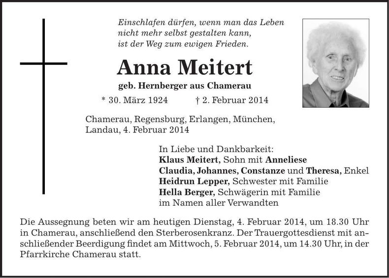 Traueranzeige Anna Meitert