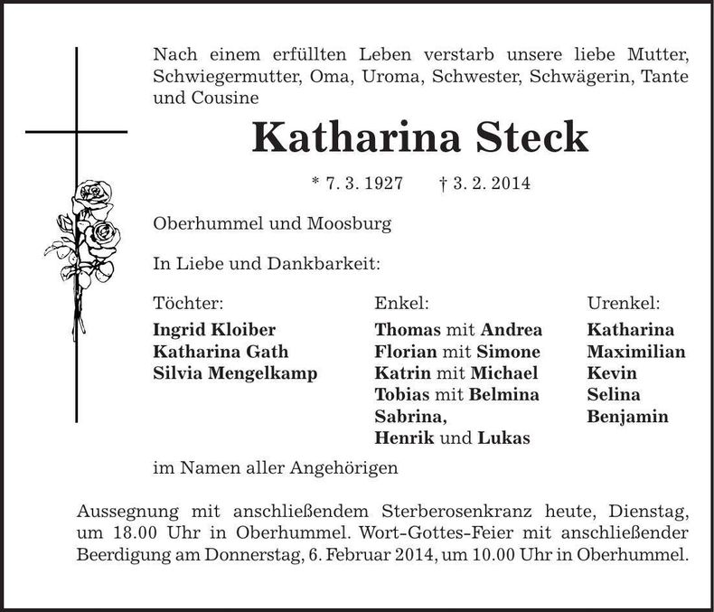 Traueranzeige Katharina Steck