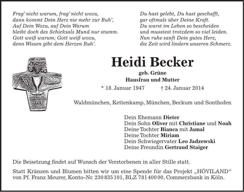 Traueranzeige Heidi Becker