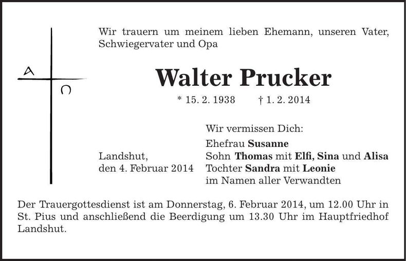 Traueranzeige Walter Prucker