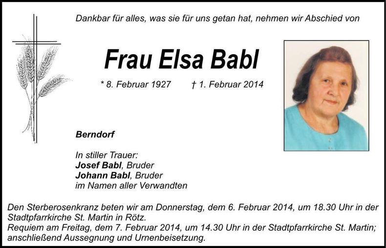 Traueranzeige Elsa Babl