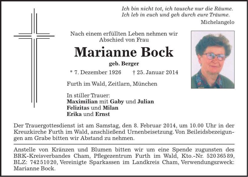 Traueranzeige Marianne Bock