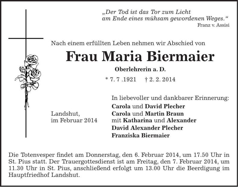 Traueranzeige Maria Biermaier