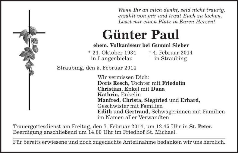 Traueranzeige Günter Paul