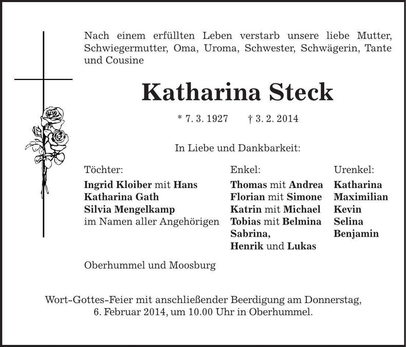 Traueranzeige Katharina Steck