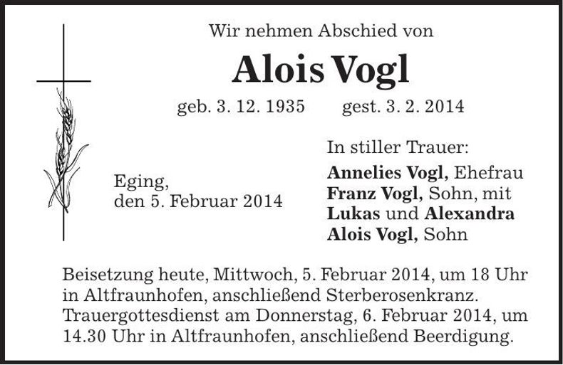 Traueranzeige Alois Vogl