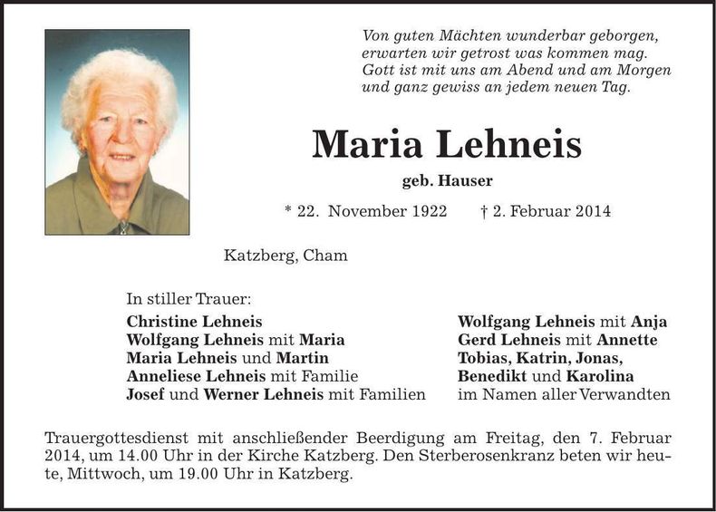 Traueranzeige Maria Lehneis
