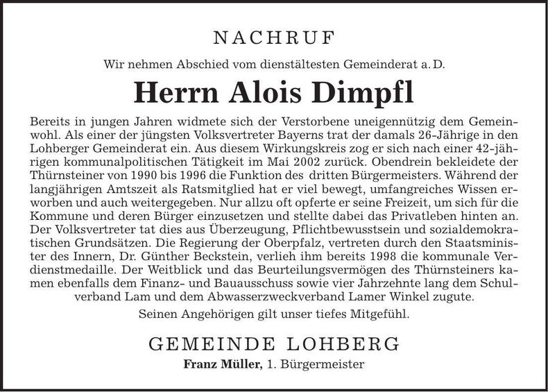Traueranzeige Alois Dimpfl