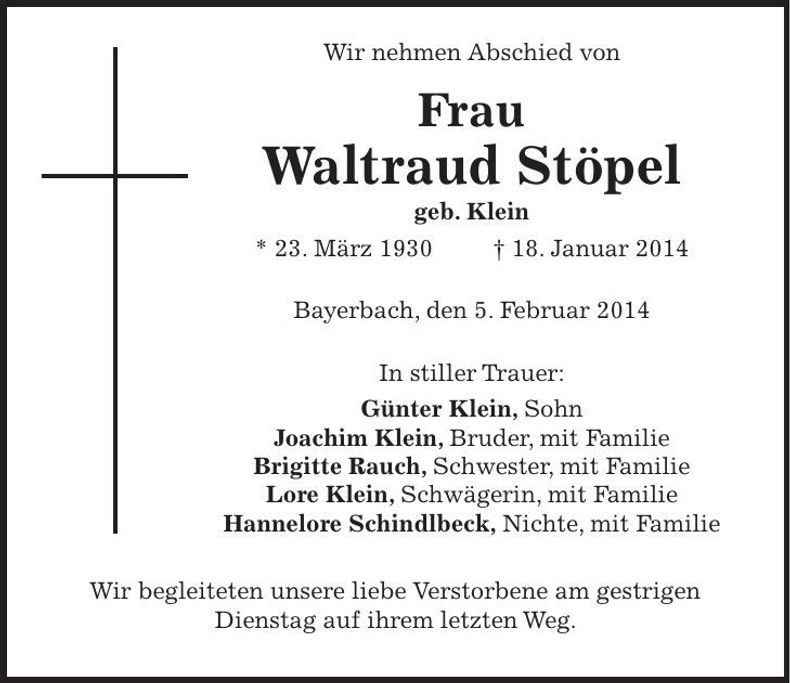 Traueranzeige Waltraud Stöpel