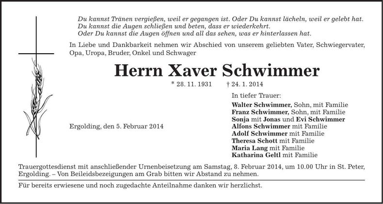 Traueranzeige Xaver Schwimmer