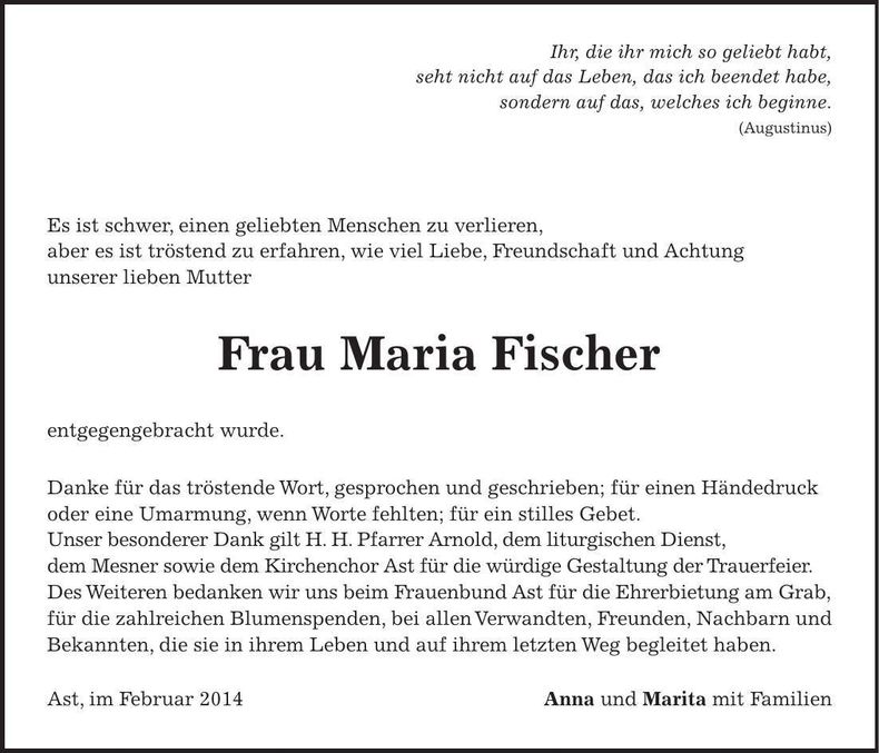 Traueranzeige Maria Fischer