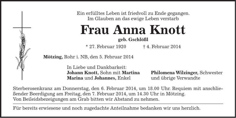 Traueranzeige Anna Knott