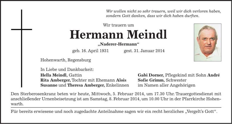 Traueranzeige Hermann Meindl