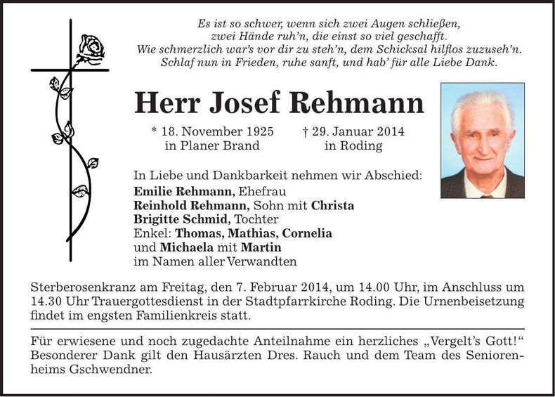 Traueranzeige Josef Rehmann