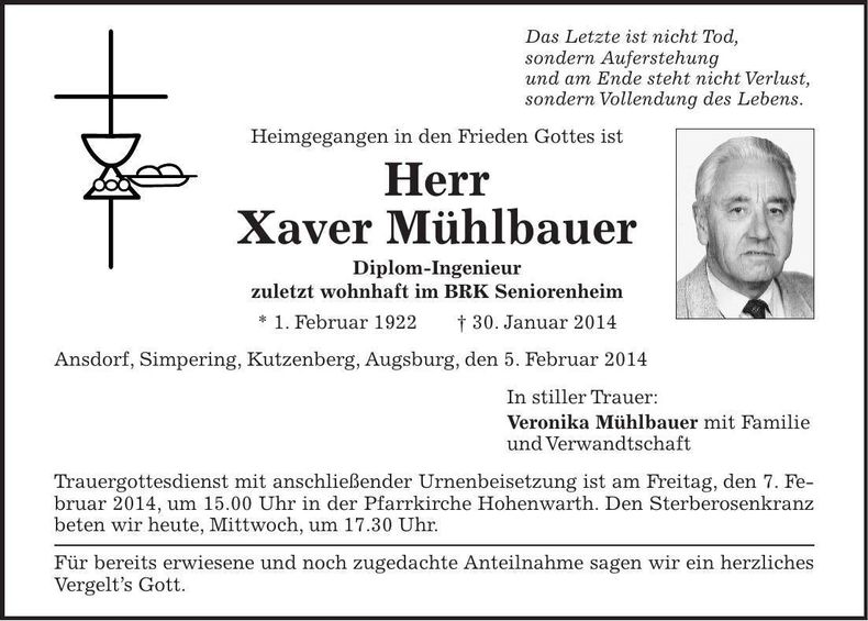 Traueranzeige Xaver Mühlbauer