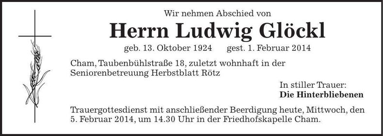 Traueranzeige Ludwig Glöckl