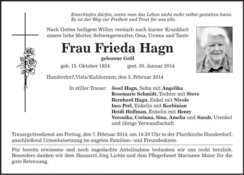 Traueranzeige Frieda Hagn