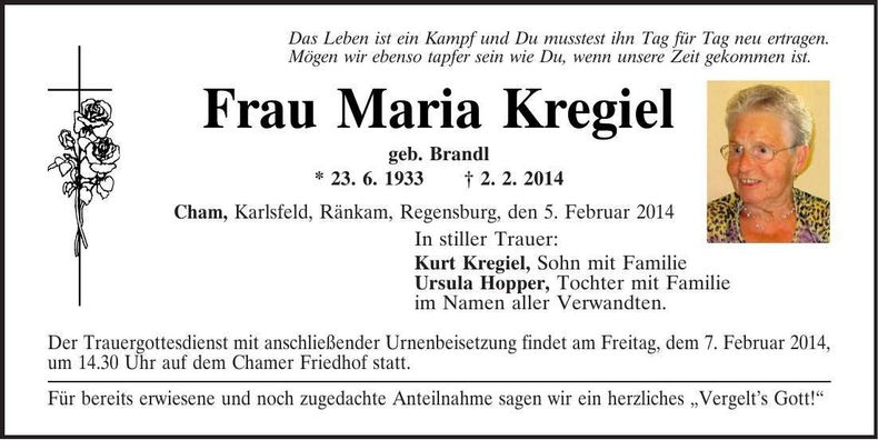 Traueranzeige Maria Kregiel