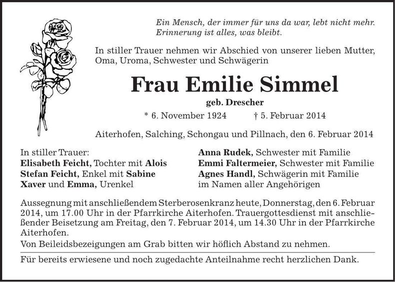 Traueranzeige Emilie Simmel