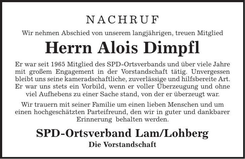 Traueranzeige Alois Dimpfl