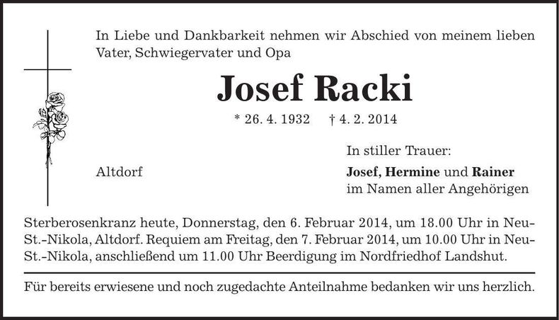 Traueranzeige Josef Racki