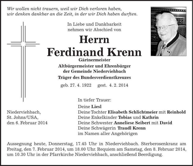 Traueranzeige Ferdinand Krenn