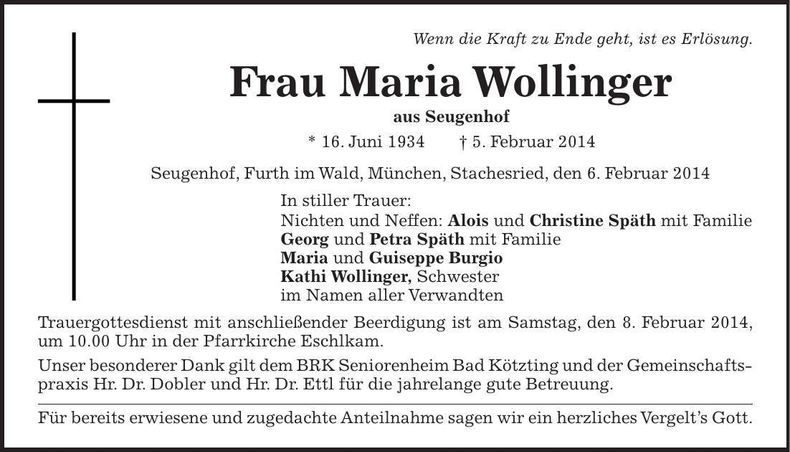 Traueranzeige Maria Wollinger