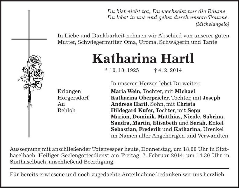 Traueranzeige Katharina Hartl