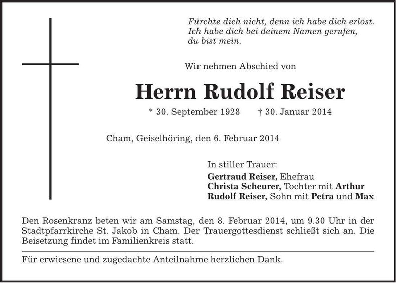 Traueranzeige Rudolf Reiser