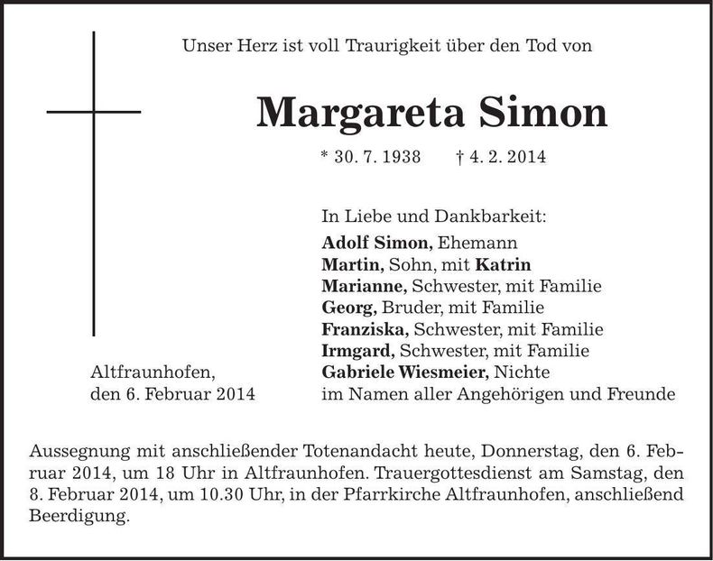 Traueranzeige Margareta Simon