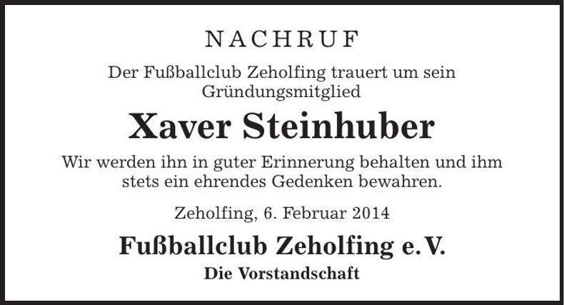 Traueranzeige Xaver Steinhuber