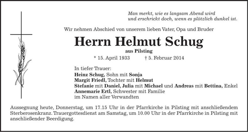 Traueranzeige Helmut Schug