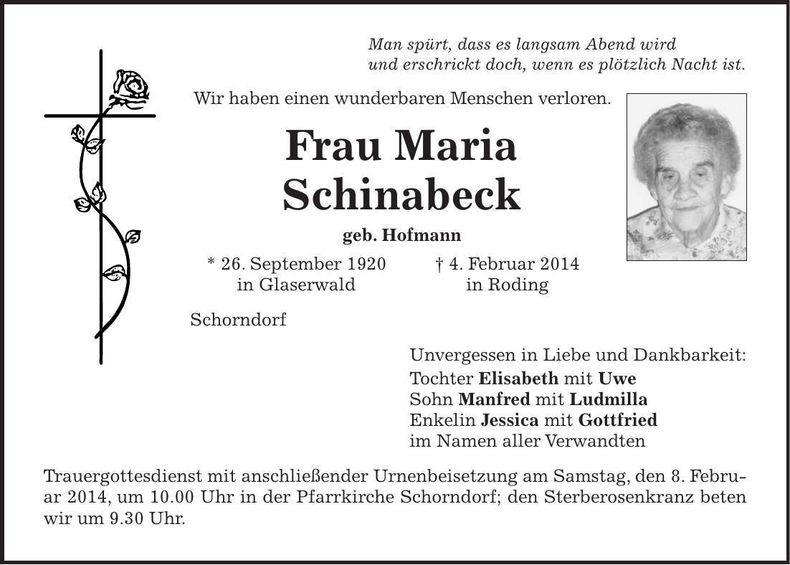 Traueranzeige Maria Schinabeck